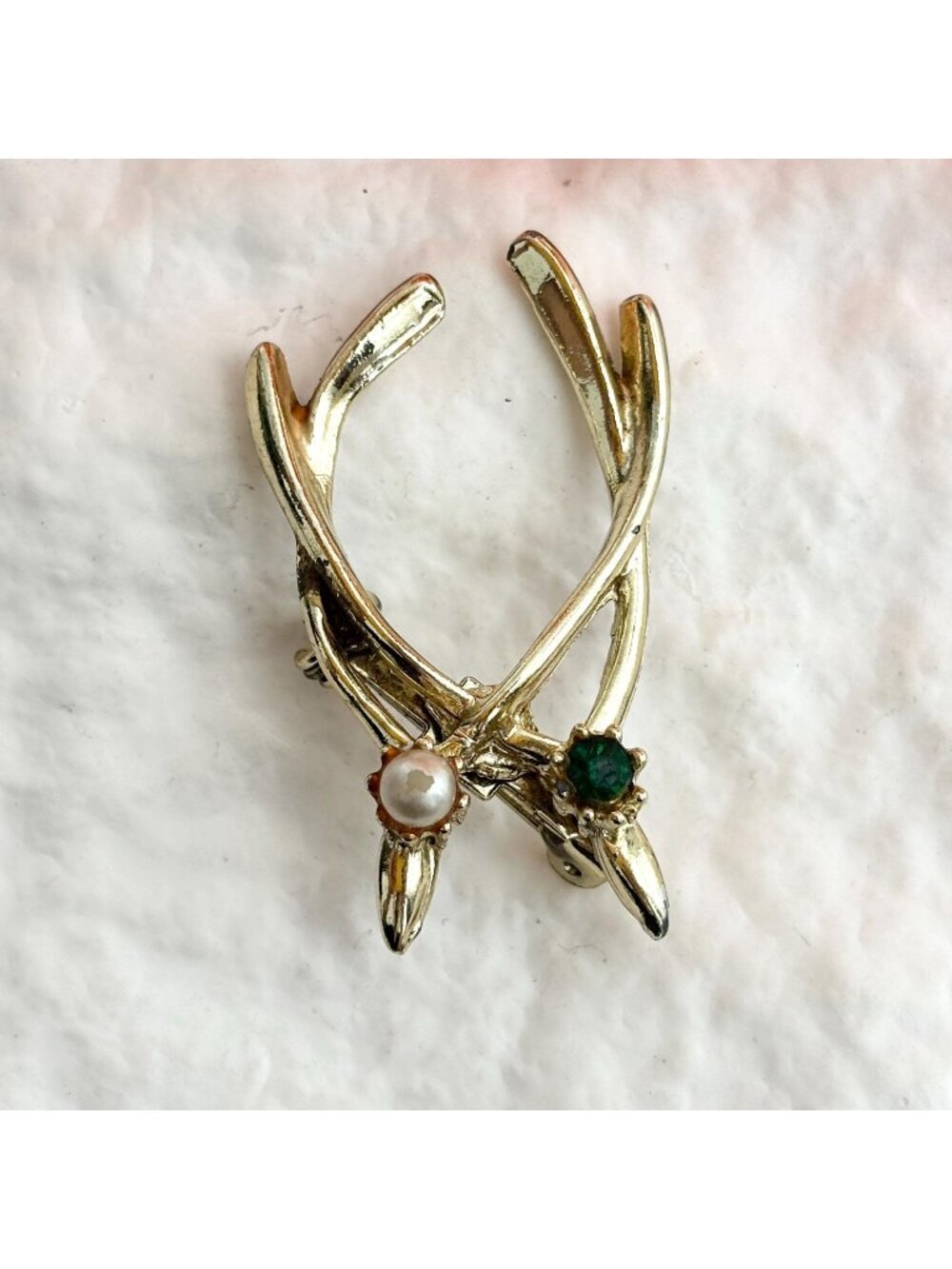 Wish Bone Rhinestone & Faux Pearl Good Luck Gold T 80's Vintage Jewelry Brooch
